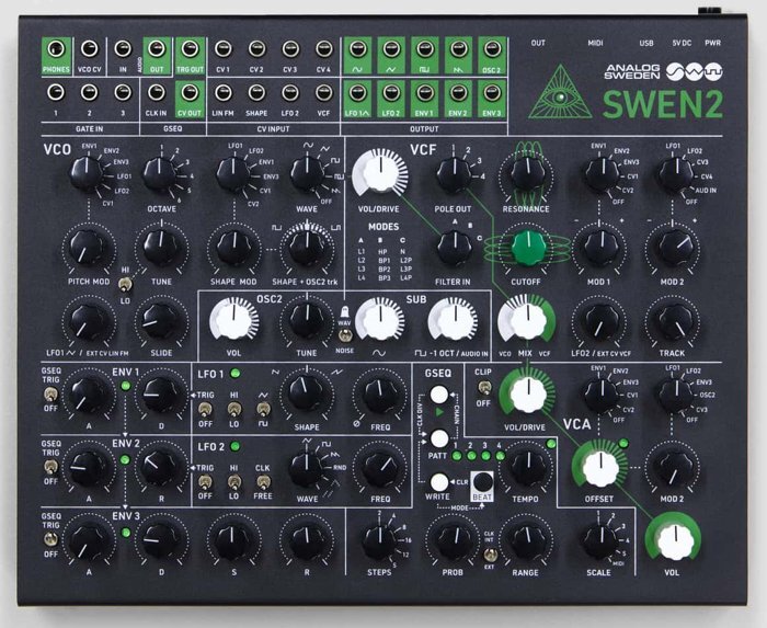 The swEnigiser synthesizer, its black front panel with white and green knobs